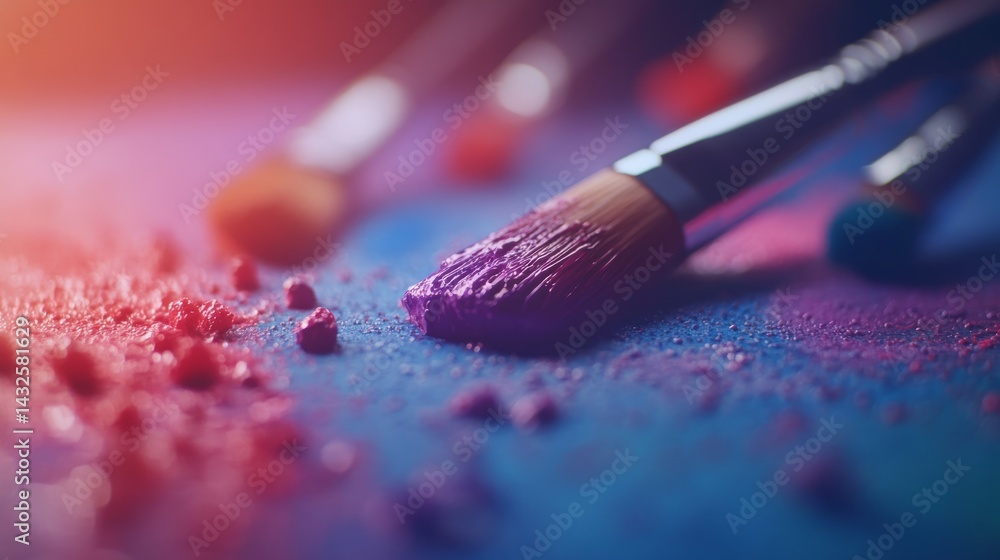 Fototapete close-up of a colorful artist palette featuring bright paint dabs and brushstrokes with brushes rest