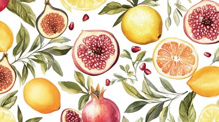 Obraz premium Vibrant fruit pattern with leaves and botanical elements