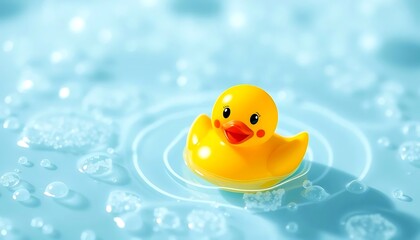 Adorable Yellow Rubber Ducky Floating in a Calm Blue Bath Water with Bubbles