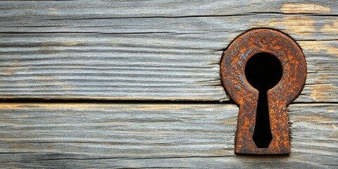 Rusty Keyhole Embedded in Weathered Wooden Plank: A Study in Texture and Time