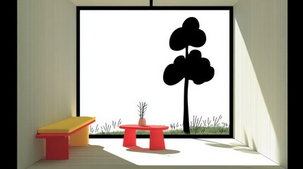 Modern Minimalist Living Room with Large Window  Tree Silhouette  Bench   Table
