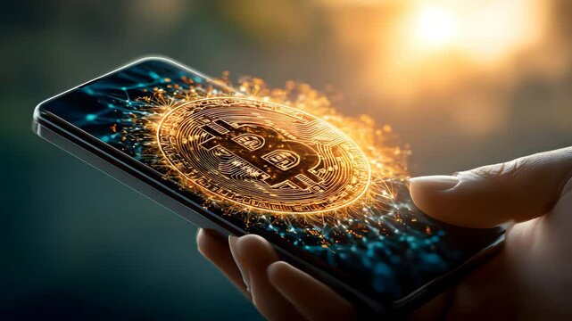 Hand holding smartphone displaying bitcoin symbolizing digital currency and finance trends
