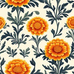 Marigold flower plant flora bloom botany seamless pattern ornament design, tile
