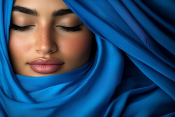 Fototapeta premium A woman rests peacefully, her serene expression framed by soft blue cloth, enhancing the calm ambiance of the surroundings and providing a sense of tranquility