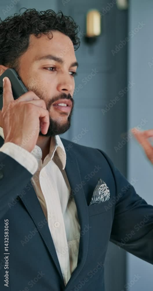 Aufkleber Man, phone call and discussion by window at office with networking, negotiation or contact at real estate agency. Person, realtor and smartphone with talking, feedback and deal for property investing