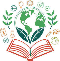 Global education vector graphic with environmental awareness, open book, human figure, and sustainability symbol 