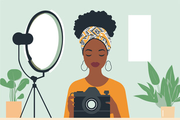 African woman with headwrap filming content with a camera and ring light, content creator setup vector illustration