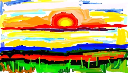Vibrant Abstract Sunset Landscape Painting with Bold Colors and Brushstrokes