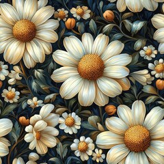 Daisies flowers plants floral blooming botanical seamless pattern ornament design, tile