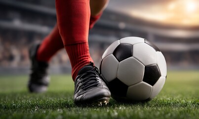 Obraz premium Soccer player about to kick a ball. Low angle view of a player's legs and feet, focused on the moment before a kick