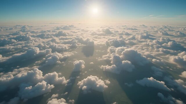 Seamless beautiful realistic skies flying through white infinite clouds towards ground visible over cumulus lush clouds at sunset. Looped 3d 4k ultra HD animation