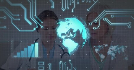 Two female doctors viewing data in medical lab, with holographic globe and blue bar chart - Powered by Adobe