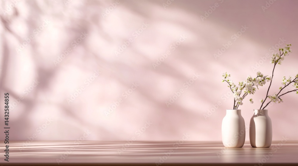 Poster close-up view showcases a stylish pink interior featuring an arch. fresh flowers in vases adorn a sl