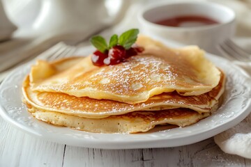 Stacked Pancakes Sprinkled With Powdered Sugar, Topped With Cherries and Mint