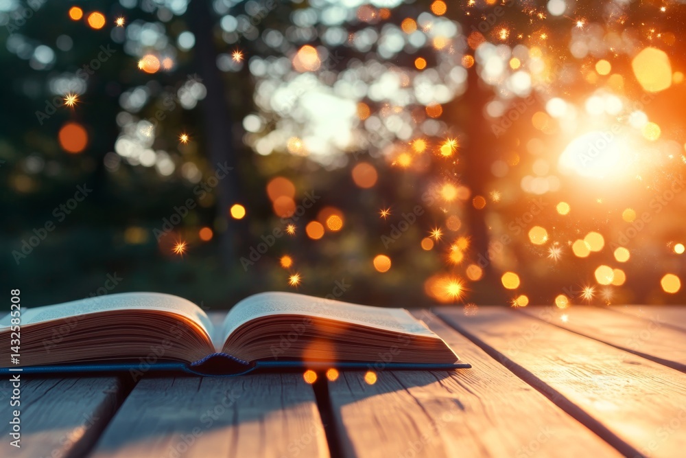 Poster an open mystical book rests on a wooden table, illuminated by golden light that radiates from its pa