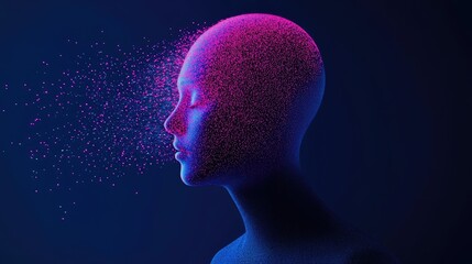 Obraz premium Abstract Digital Head Disintegrating into Particles: Futuristic AI Concept Art