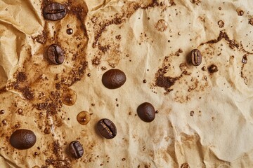Coffee bean remnants on crumpled parchment paper.