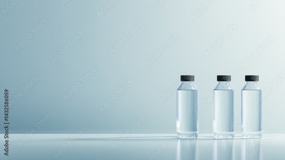 Poster Four clear plastic bottles with simple designs stand side by side, partially filled with water against a subtle, neutral backdrop, creating a tranquil composition