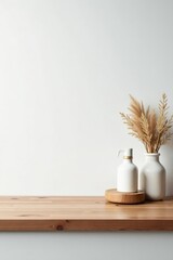 Blank wooden countertop, grunge white backdrop Minimalist product display , aesthetic, still life, empty
