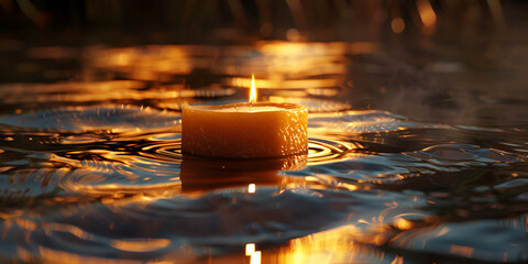 Candle Burning with Melting Wax on a Reflective Surface in Warm Light/ 
