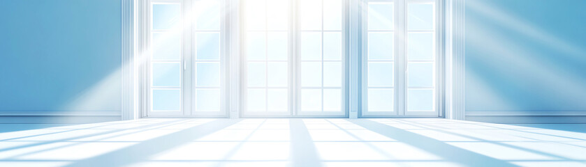 Bright sunlight streams through large windows, casting long shadows on floor in serene, empty room