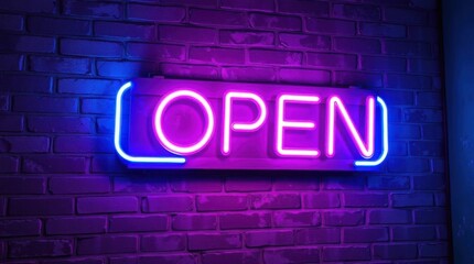 Obraz premium Vibrant neon sign illuminates a textured brick wall with the word OPEN