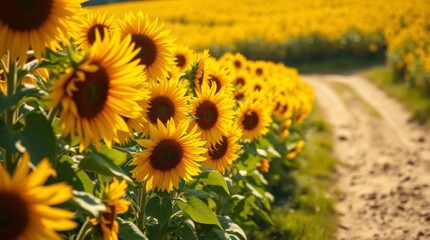 Vibrant sunflowers bloom along a rural dirt road in a sun-drenched field