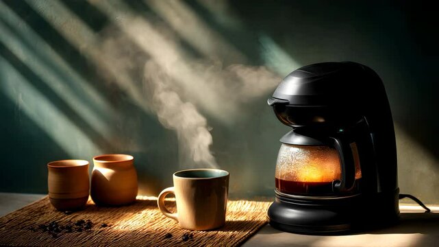 Modern coffee maker with two cups of freshly brewed coffee on a kitchen countertop surface