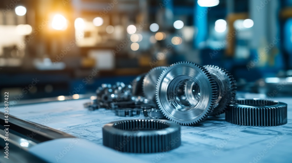 Poster Steel gears and mechanical components are carefully arranged on intricate blueprints, showcasing the precision and complexity involved in mechanical engineering design