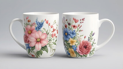 Mugs with floral pattern on a gray background. 3d rendering