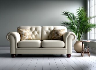 Elegant and understated living room setup, beige minimalist sofa with side table and decorative plant
