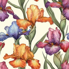 Iris flower plant flora bloom botany seamless pattern ornament design, tile