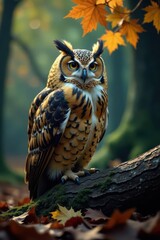 Obraz premium Mystical being cradles owl; autumnal forest backdrop , forest, scene, nature