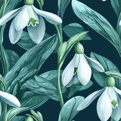 Snowdrops flowers plants floral blooming botanical seamless pattern ornament design, tile