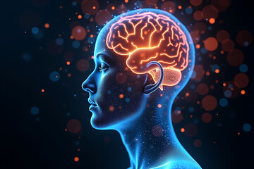 A Glowing Brain Inside a Transparent Human Head, Illuminated with Futuristic Neural Light Trails. AI-generated