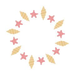Seashell Starfish Circle Frame. Summer Sea Life Travel Vacation Round Border with Marine Nature Elements. Vector illustration hand drawn style
