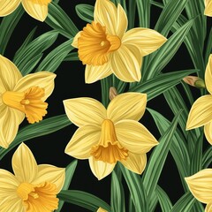 Daffodil flower plant flora bloom botany seamless pattern ornament design, tile