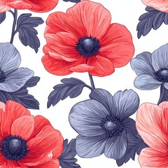 Anemone flower plant flora bloom botany seamless pattern ornament design, tile