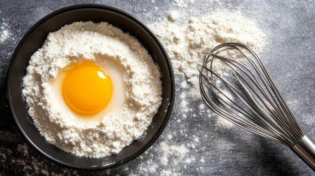 A vibrant raw egg yolk is nestled in a mound of flour on a white countertop, accompanied by a silver whisk and flour dusting, ideal for baking inspiration
