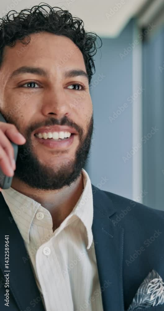 Poster man, phone call and smile by window at office with networking, negotiation or contact at real estate