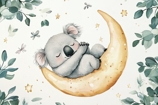 A sleepy koala hugging a moon-shaped pillow, fireflies dancing around, pastel stars and eucalyptus trees, watercolor style