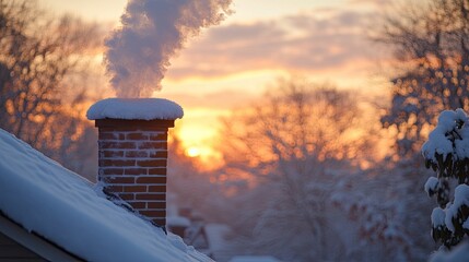 Smoke rising from a chimney, adding warmth to a winter scene.