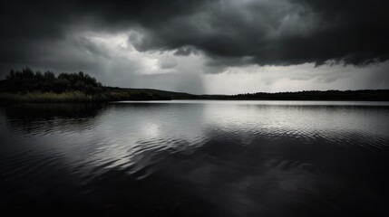 A lake with a storm in the background