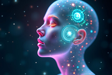 Fototapeta premium Glowing Holographic Geometry Radiates from the Brain, Creating a Digital Halo of Consciousness and Identity. AI-generated
