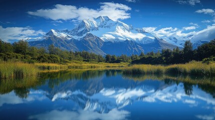 Snow-capped mountain with reflection in a calm lake, capturing the beauty and tranquility of nature. 