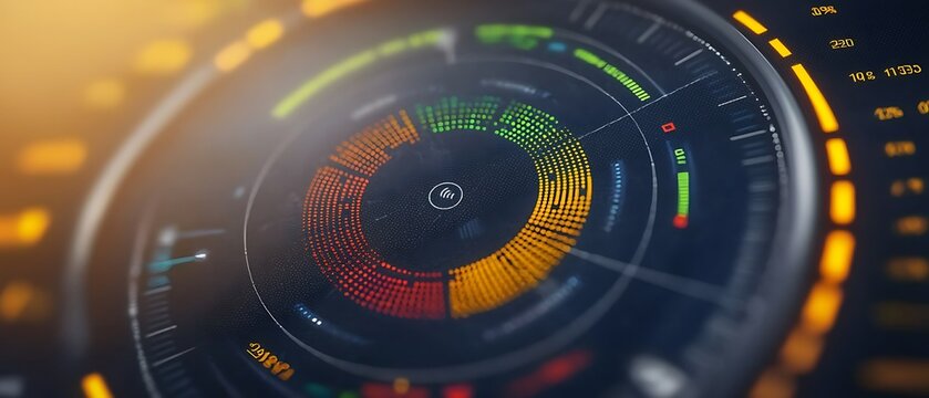 Circular data visual display with colorful radial segments and side indicators
