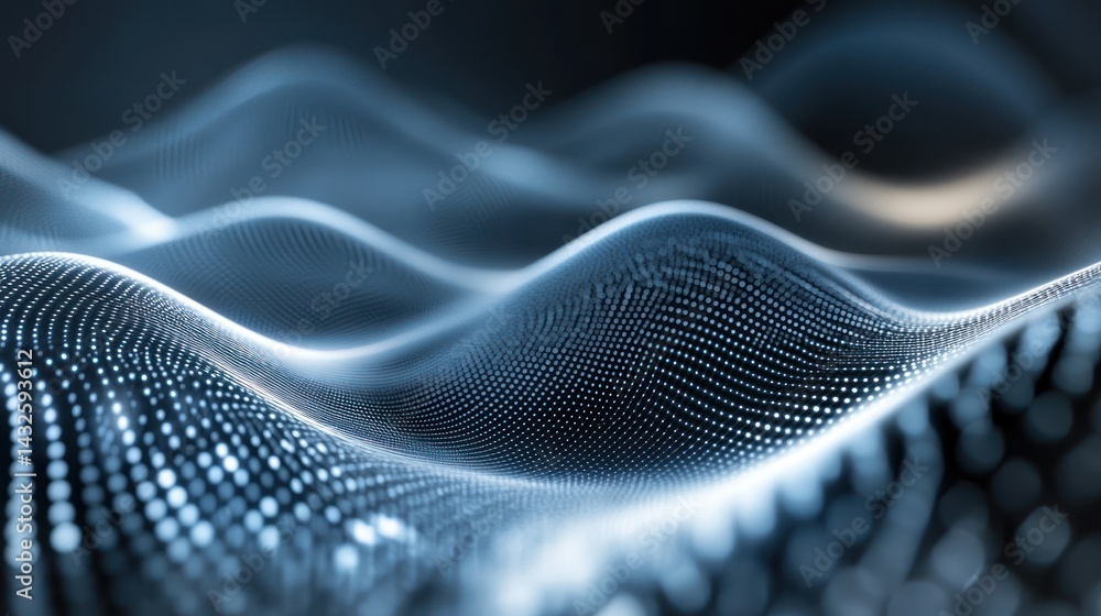 Poster digital wave landscape with particle grid structure reflecting the light surface