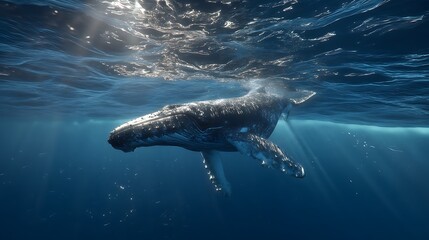 Graceful humpback whale swimming peacefully beneath the ocean surface