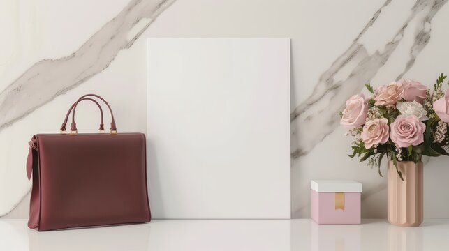 Elegant mother's day mockup with handbag, flowers, and gift box for card design. Template with white poster, women's bag, flowers and gift box. Horizontal banner. Copy space. Top view