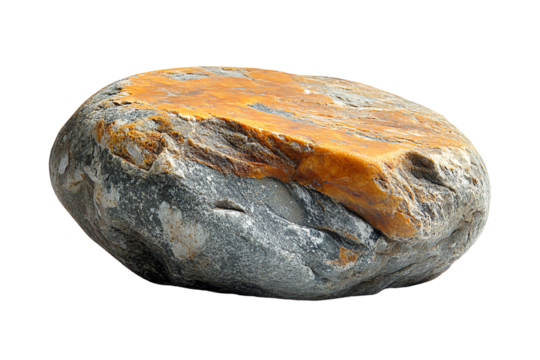 A smooth, polished rock with a striking orange and gray pattern, isolated on a white background.
